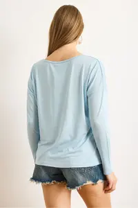 Olalook Women's Baby Blue Silver Stitching Detailed V-Neck Viscose Blouse - Image 2