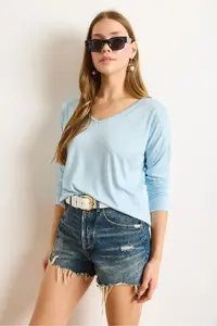 Olalook Women's Baby Blue Silver Stitching Detailed V-Neck Viscose Blouse - Image 5