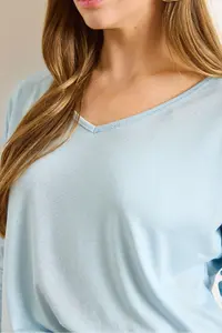 Olalook Women's Baby Blue Silver Stitching Detailed V-Neck Viscose Blouse - Image 6