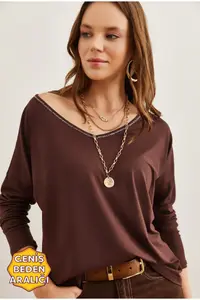 Olalook Women's Bitter Brown Silver Stitching Detailed V-Neck Viscose Blouse