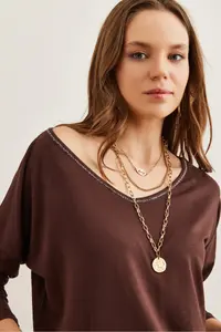Olalook Women's Bitter Brown Silver Stitching Detailed V-Neck Viscose Blouse - Image 4