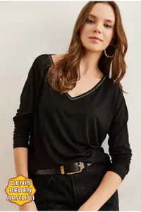 Olalook Women's Black Silver Stitching Detailed V-Neck Viscose Blouse