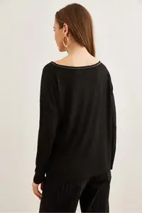 Olalook Women's Black Silver Stitching Detailed V-Neck Viscose Blouse - Image 2