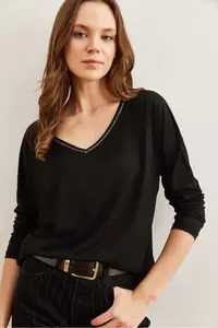 Olalook Women's Black Silver Stitching Detailed V-Neck Viscose Blouse - Image 3