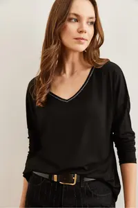 Olalook Women's Black Silver Stitching Detailed V-Neck Viscose Blouse - Image 5