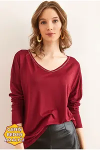 Olalook Women's Burgundy Silver Stitching Detailed V-Neck Viscose Blouse