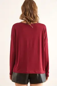 Olalook Women's Burgundy Silver Stitching Detailed V-Neck Viscose Blouse - Image 2