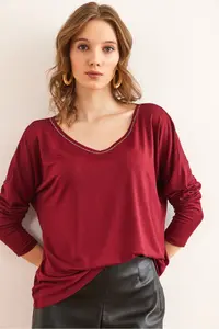 Olalook Women's Burgundy Silver Stitching Detailed V-Neck Viscose Blouse - Image 3