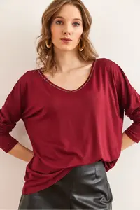 Olalook Women's Burgundy Silver Stitching Detailed V-Neck Viscose Blouse - Image 4