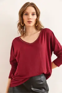 Olalook Women's Burgundy Silver Stitching Detailed V-Neck Viscose Blouse - Image 5