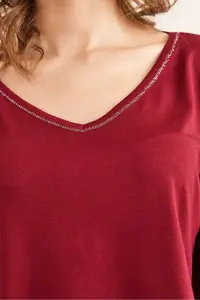Olalook Women's Burgundy Silver Stitching Detailed V-Neck Viscose Blouse - Image 6