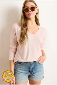 Olalook Women's Candy Pink Silver Stitching Detailed V-Neck Viscose Blouse