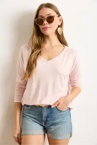Olalook Women's Candy Pink Silver Stitching Detailed V-Neck Viscose Blouse - Image 3