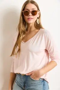 Olalook Women's Candy Pink Silver Stitching Detailed V-Neck Viscose Blouse - Image 5