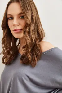 Olalook Women's Dark Gray Silver Stitching Detailed V-Neck Viscose Blouse - Image 5