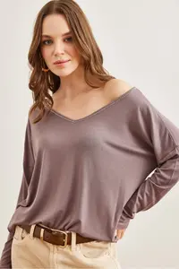 Olalook Women's Dark Mink Silver Stitching Detailed V-Neck Viscose Blouse - Image 3