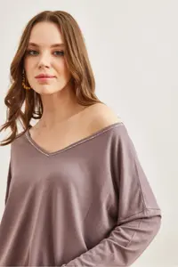 Olalook Women's Dark Mink Silver Stitching Detailed V-Neck Viscose Blouse - Image 5