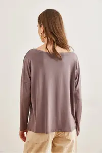 Olalook Women's Dark Mink Silver Stitching Detailed V-Neck Viscose Blouse - Image 7