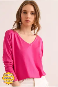 Olalook Women's Fuchsia Silver Stitching Detailed V-Neck Viscose Blouse