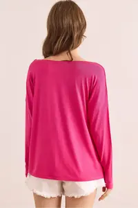 Olalook Women's Fuchsia Silver Stitching Detailed V-Neck Viscose Blouse - Image 2