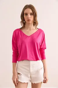 Olalook Women's Fuchsia Silver Stitching Detailed V-Neck Viscose Blouse - Image 3