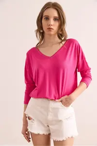 Olalook Women's Fuchsia Silver Stitching Detailed V-Neck Viscose Blouse - Image 4