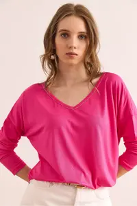 Olalook Women's Fuchsia Silver Stitching Detailed V-Neck Viscose Blouse - Image 5