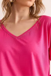 Olalook Women's Fuchsia Silver Stitching Detailed V-Neck Viscose Blouse - Image 6