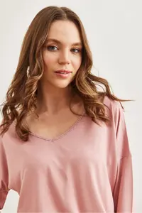 Olalook Women's Light Rose Dusty Silver Stitching Detailed V-Neck Viscose Blouse - Image 3