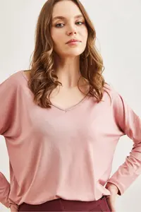 Olalook Women's Light Rose Dusty Silver Stitching Detailed V-Neck Viscose Blouse - Image 4