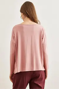 Olalook Women's Light Rose Dusty Silver Stitching Detailed V-Neck Viscose Blouse - Image 5