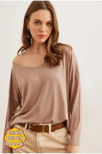 Olalook Women's Mink Silver Stitching Detailed V-Neck Viscose Blouse