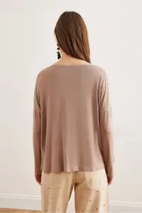 Olalook Women's Mink Silver Stitching Detailed V-Neck Viscose Blouse - Image 5