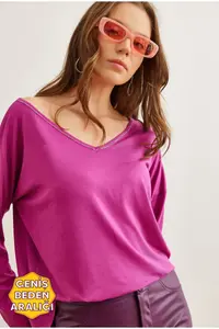 Olalook Women's Purple Silver Stitching Detailed V-Neck Viscose Blouse