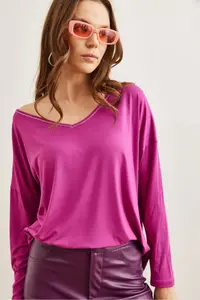 Olalook Women's Purple Silver Stitching Detailed V-Neck Viscose Blouse - Image 2