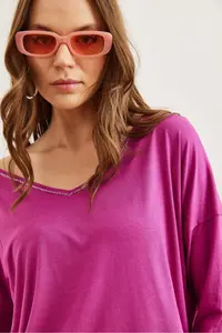 Olalook Women's Purple Silver Stitching Detailed V-Neck Viscose Blouse - Image 3
