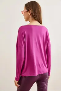 Olalook Women's Purple Silver Stitching Detailed V-Neck Viscose Blouse - Image 5