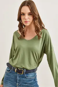 Olalook Women's Green Green Silver Stitching Detailed V-Neck Viscose Blouse - Image 3
