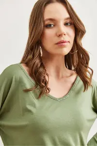 Olalook Women's Green Green Silver Stitching Detailed V-Neck Viscose Blouse - Image 7