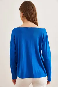 Olalook Women's Saks Blue Silver Stitching Detailed V-Neck Viscose Blouse - Image 2