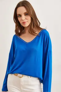 Olalook Women's Saks Blue Silver Stitching Detailed V-Neck Viscose Blouse - Image 3