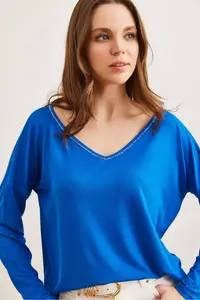 Olalook Women's Saks Blue Silver Stitching Detailed V-Neck Viscose Blouse - Image 4