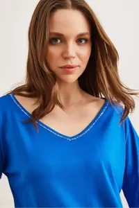 Olalook Women's Saks Blue Silver Stitching Detailed V-Neck Viscose Blouse - Image 5