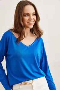 Olalook Women's Saks Blue Silver Stitching Detailed V-Neck Viscose Blouse - Image 6