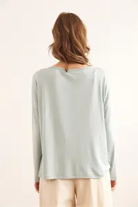 Olalook Women's Water Green Silver Stitching Detailed V-Neck Viscose Blouse - Image 2