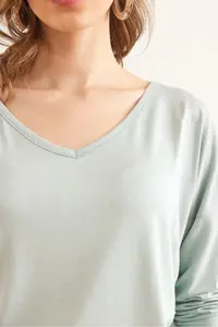 Olalook Women's Water Green Silver Stitching Detailed V-Neck Viscose Blouse - Image 6
