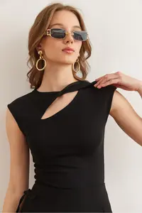 Olalook Women's Black Drop Decollete Shoulder Detailed Cotton Modal Blouse