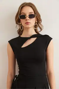 Olalook Women's Black Drop Decollete Shoulder Detailed Cotton Modal Blouse - Image 2