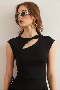 Olalook Women's Black Drop Decollete Shoulder Detailed Cotton Modal Blouse - Image 3