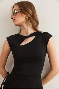 Olalook Women's Black Drop Decollete Shoulder Detailed Cotton Modal Blouse - Image 6